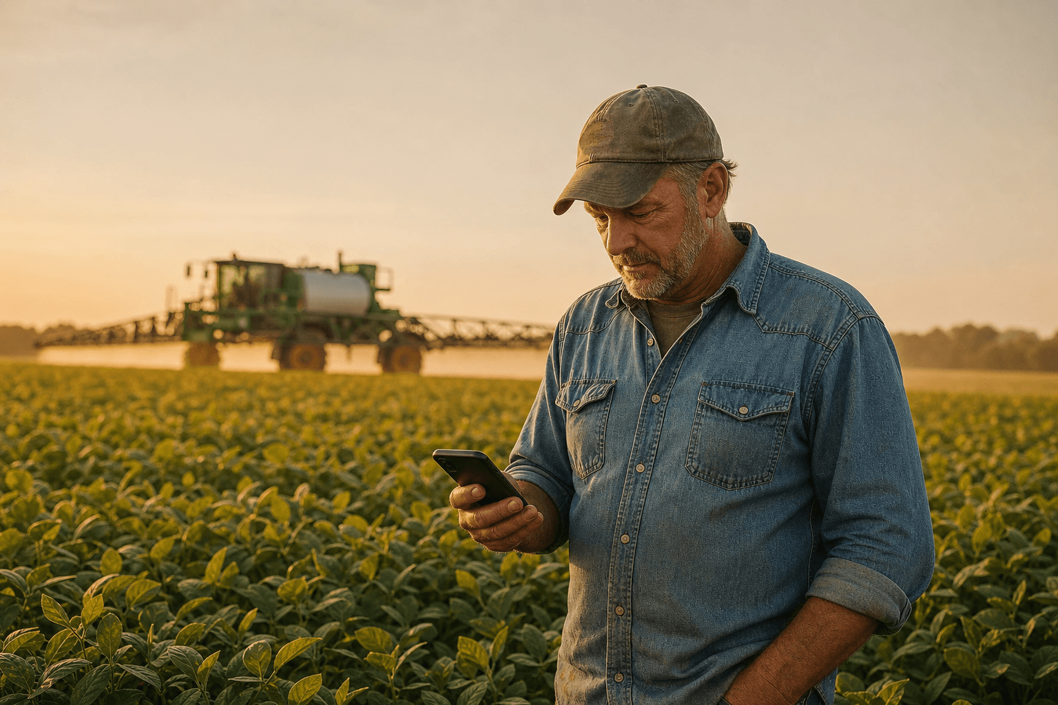 Operations manager checking a compliance log on his phone at the edge of a soybean field at golden hour